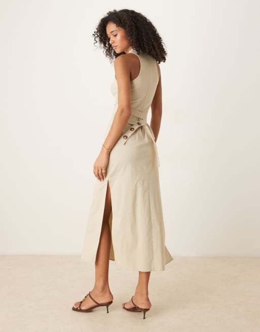 ASOS DESIGN bengaline pencil midi dress with wrap around button belt in stone, 3 of 4