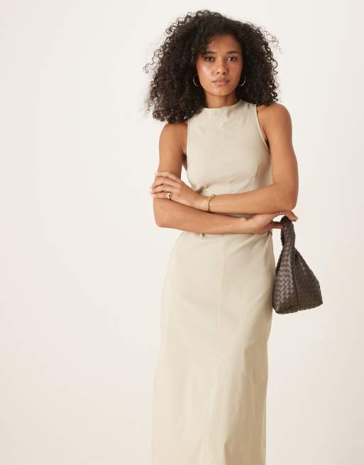 ASOS DESIGN bengaline pencil midi dress with wrap around button belt in stone, 4 of 4