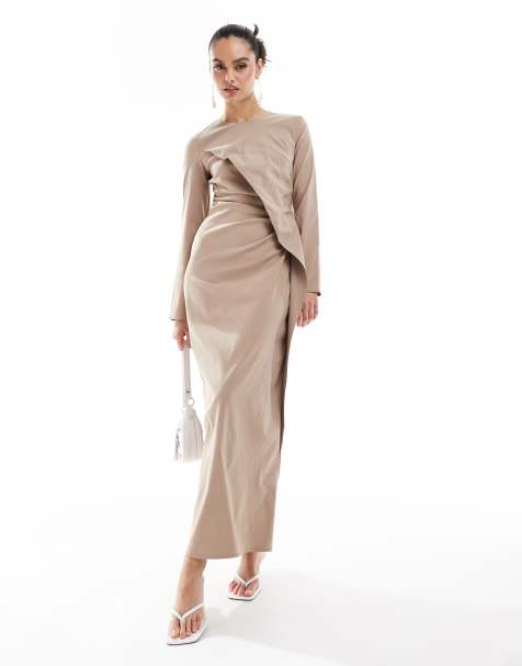 ASOS DESIGN bengaline ruched waist maxi dress in mushroom - view 1