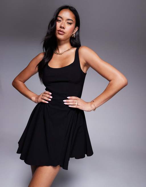 ASOS DESIGN bengaline scoop neck structured flippy mini dress in black