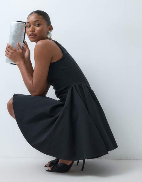 ASOS DESIGN bengaline scoop neck structured flippy mini dress in black - view 1