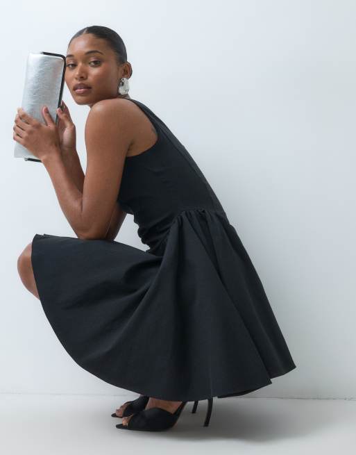 ASOS DESIGN bengaline scoop neck structured flippy mini dress in black, 3 of 5
