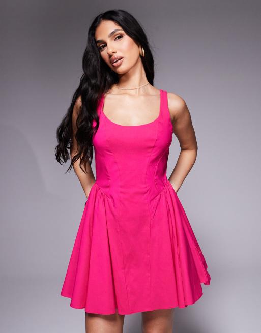 ASOS DESIGN bengaline scoop neck structured flippy mini dress in hot pink