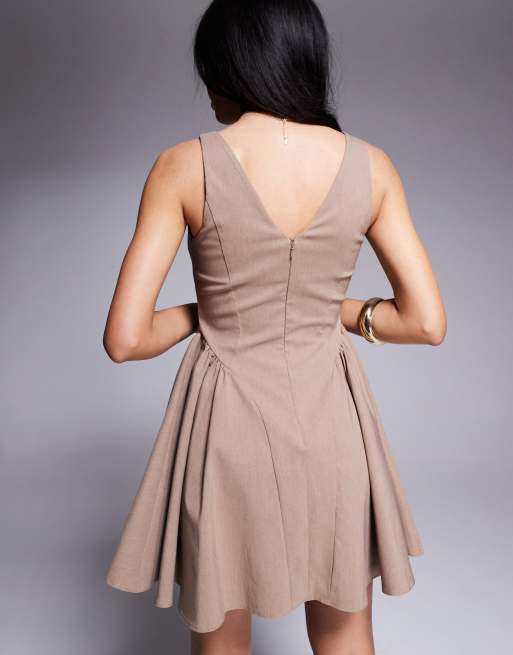 ASOS DESIGN bengaline scoop neck structured flippy mini dress in mocha