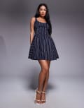 [ASOS DESIGN] ASOS DESIGN bengaline scoop neck structured flippy mini dress in navy pinstripe-Grey 14 Navy pinstripe