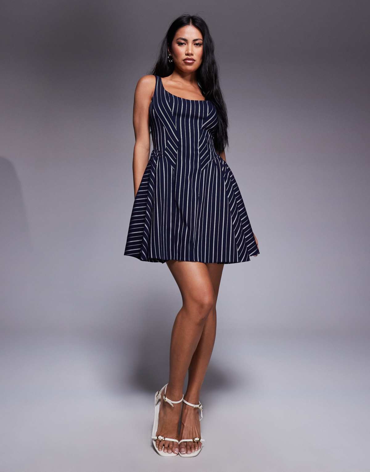 ASOS DESIGN bengaline scoop neck structured flippy mini dress in navy pinstripe