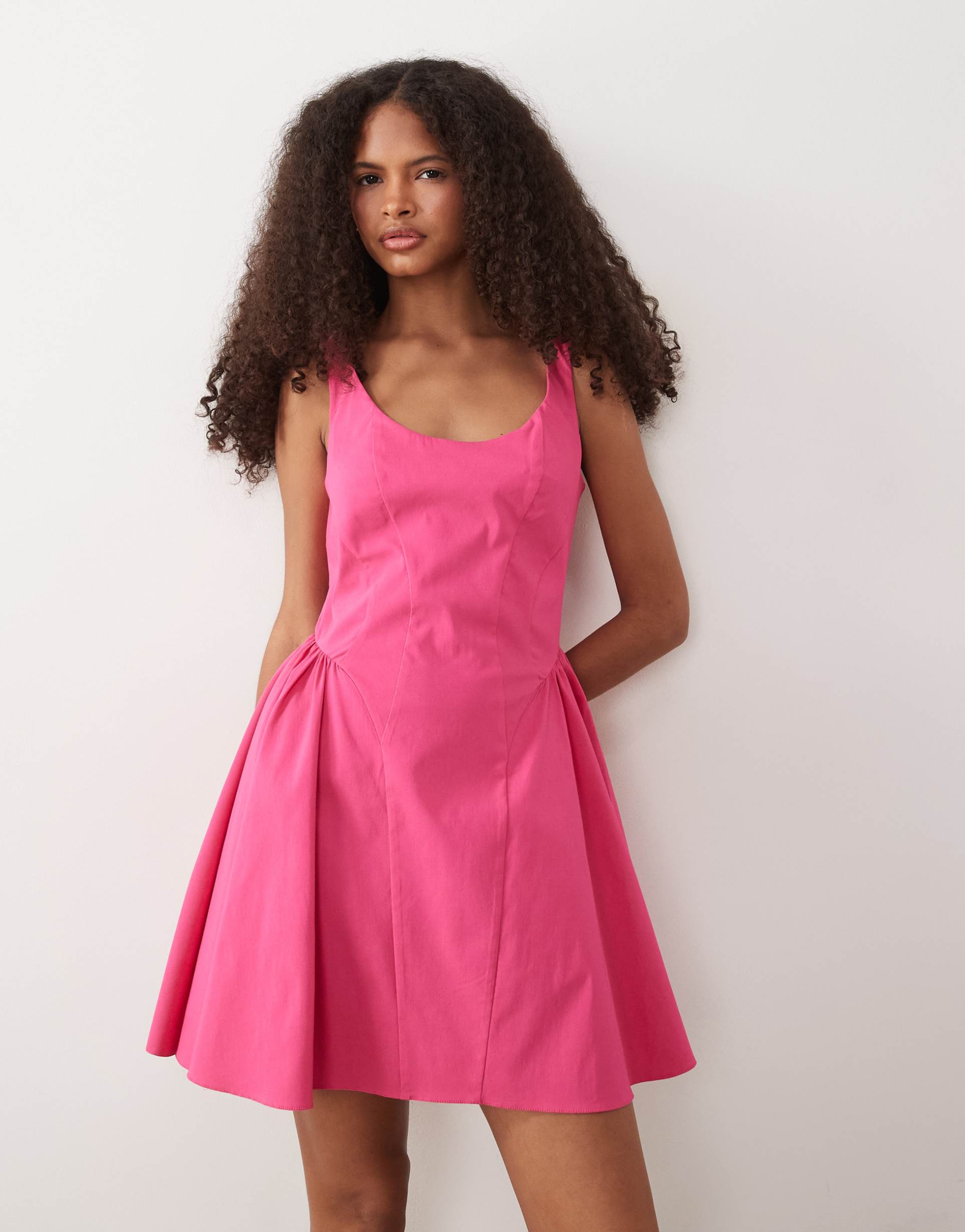 asos design bengaline scoop neck structured flippy mini dress in pink