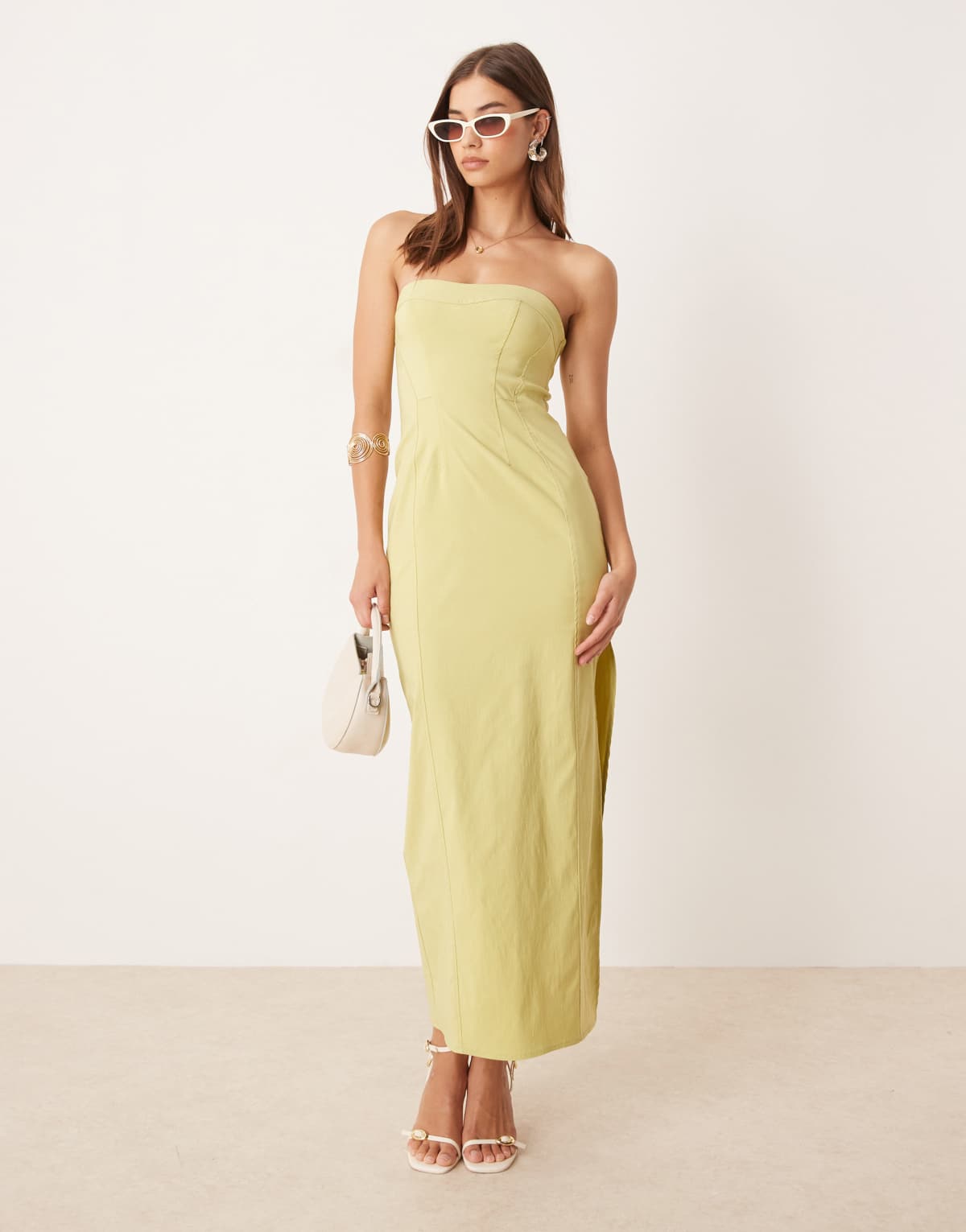 ASOS DESIGN bengaline seam detail bandeau midi dress in lime green