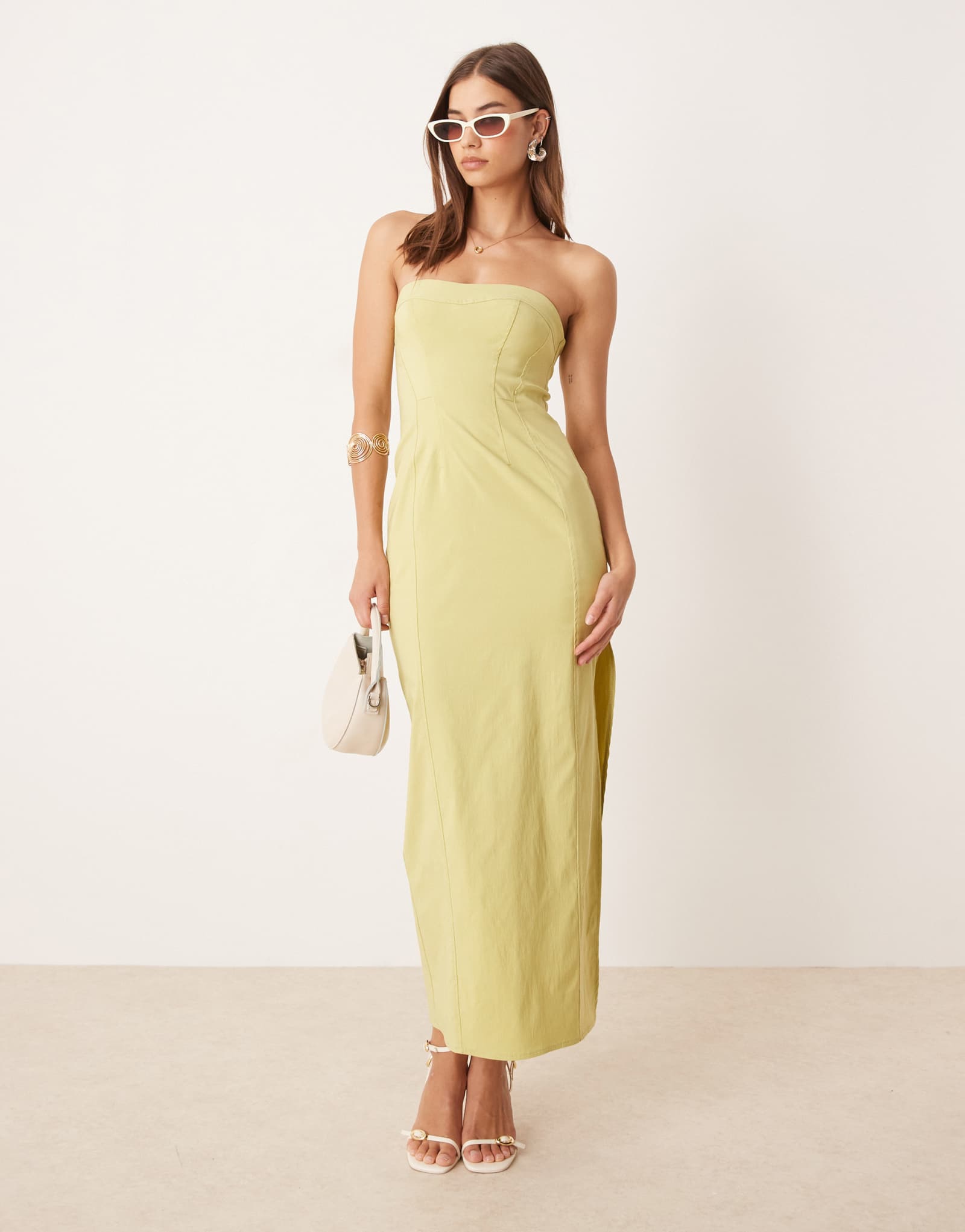 ДИЗАЙНЕРСКОЕ платье миди-бандо с бенгальским швом ASOS DESIGN цвета лайма