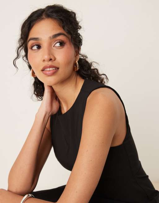 ASOS DESIGN - Robe mi-longue sans manches en bengaline à taille corsetée - Noir
