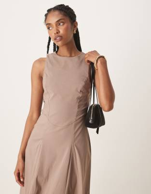 Asos Design Bengaline Sleeveless Corset Waist Midi Dress In Brown