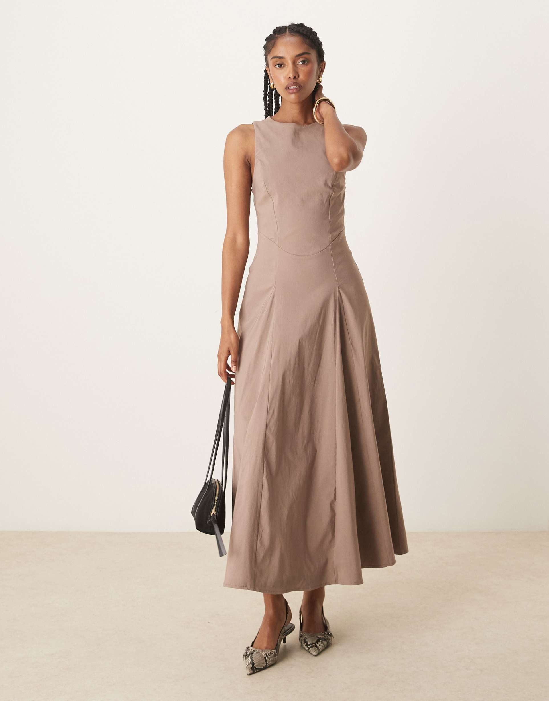 asos design bengaline sleeveless corset waist midi dress in mocha brown