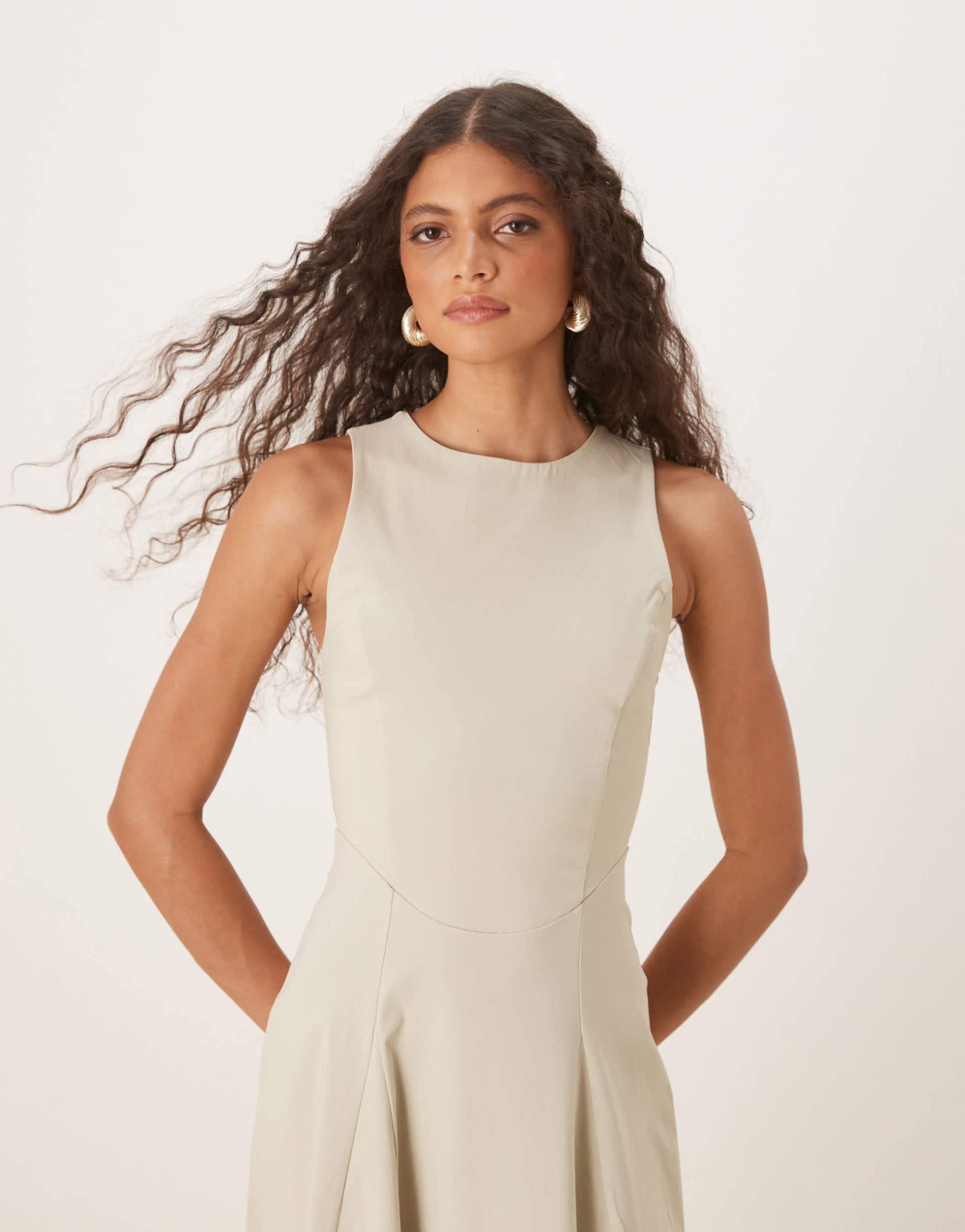 asos design bengaline sleeveless corset waist midi dress in stone