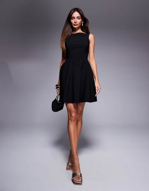 ASOS DESIGN bengaline sleeveless skater skirt mini dress with open back in black, 3 of 4