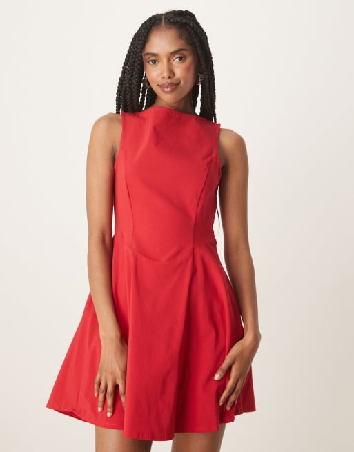 ASOS Design bengaline sleeveless skater skirt mini dress with open back in red
