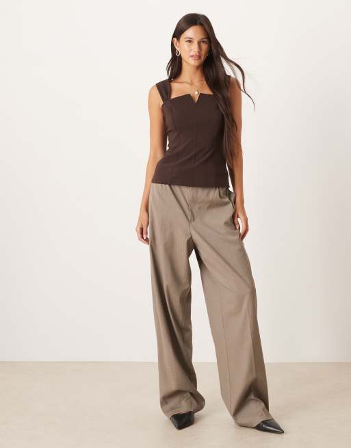 ASOS DESIGN bengaline square neck top with longline straps in chocolate, 3 of 4