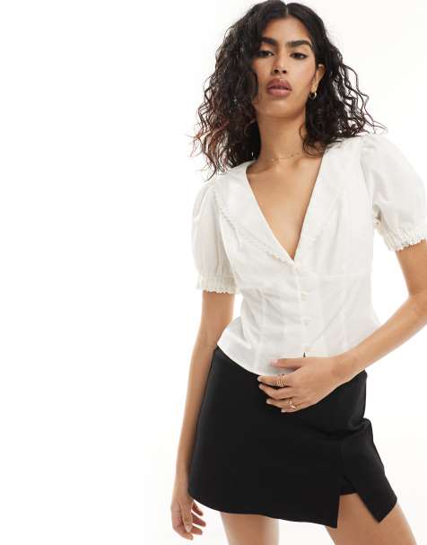 ASOS DESIGN – Benvit blus i linnemix med kant i broderie anglaise - view 1