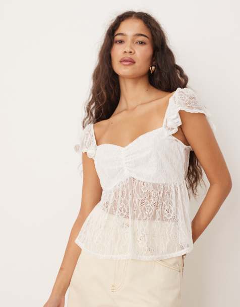 ASOS DESIGN – Benvit crop top i spets med milkmaid-stil - view 1