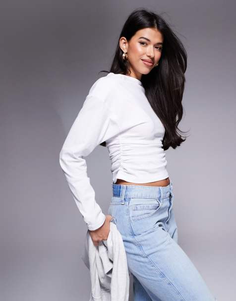 ASOS DESIGN – Benvit, långärmad topp med rynkade sidor och bara axlar - view 1