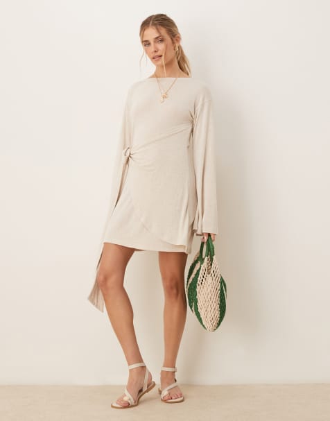 ASOS DESIGN – Benvit miniklänning i linnestil med långa ärmar och omlottdesign - view 1