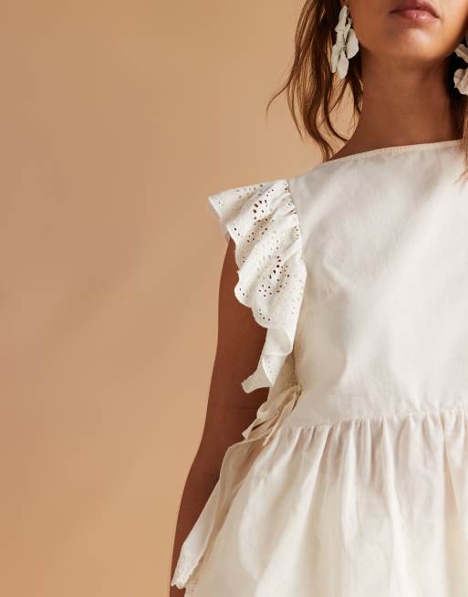 ASOS DESIGN – Benvit topp i bomull med spetskant och knytband i sidan, 3 av 4