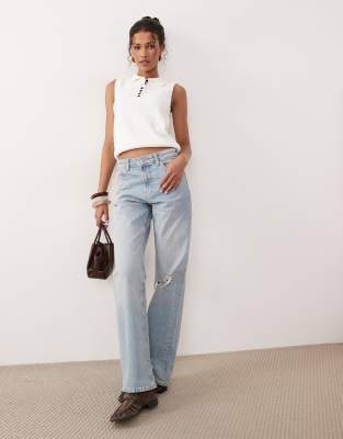 Bequeme Stretch-Jeans in heller Waschung mit geradem Schnitt und Riss am Knie-Blau Blau W36 L34