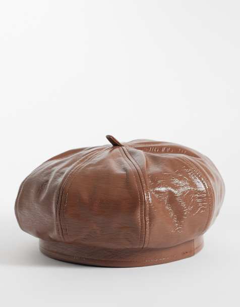ASOS DESIGN beret hat in faux leather in dark biscuit - view 1