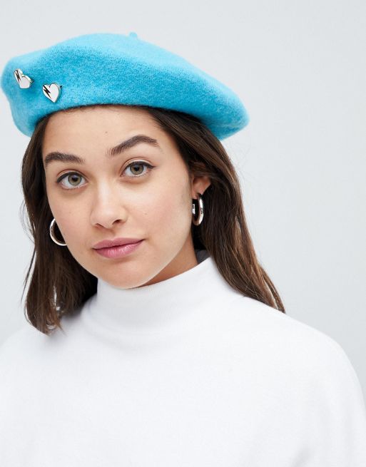 ASOS DESIGN beret in aqua with heart badges | ASOS