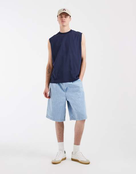 ASOS DESIGN bermuda denim jorts in light wash blue with pleats - view 1