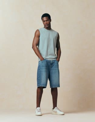 Asos Design Bermuda Denim Jorts In Blue