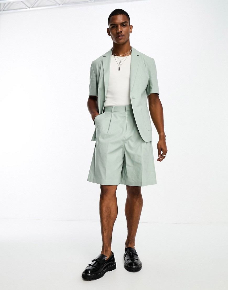 ASOS DESIGN bermuda linen mix suit short in sage-Green