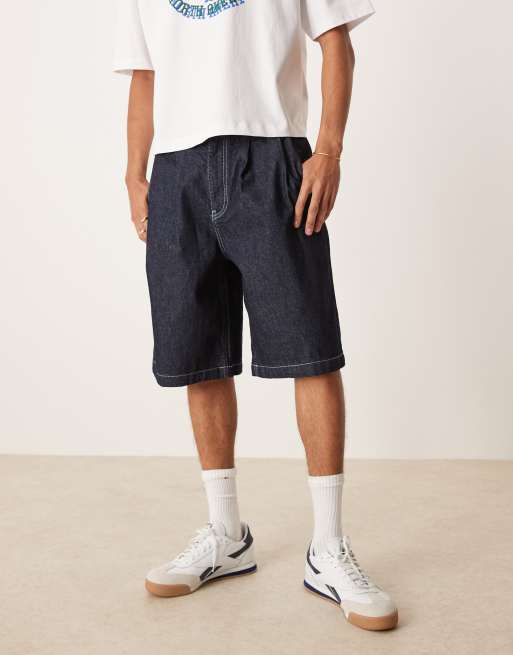 ASOS DESIGN long length denim jorts with double pleat in raw wash
