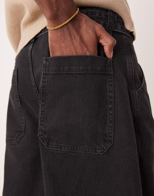 ASOS DESIGN - Bermuda long en jean à pinces avec liens noués à la taille - Noir délavé, 3 de 5