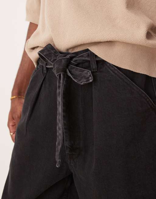 ASOS DESIGN - Bermuda long en jean à pinces avec liens noués à la taille - Noir délavé, 5 de 5