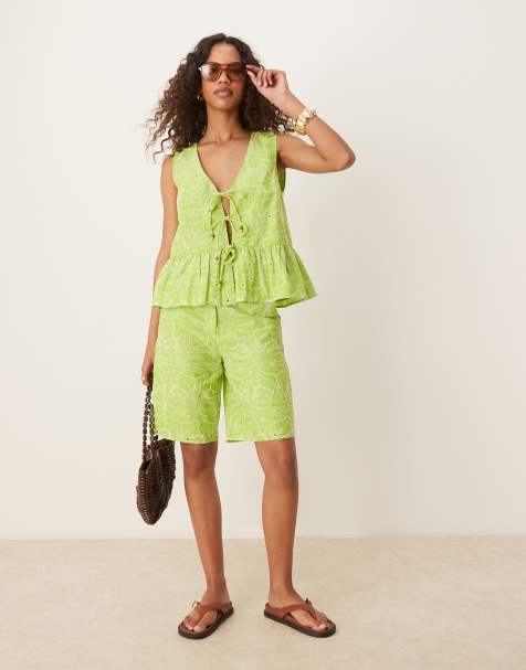 ASOS DESIGN bermuda shorts co-ord with all over embroidery in lime - view 1