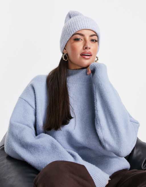 ASOS DESIGN - Berretto a coste con risvolto ampio, colore azzurro mélange