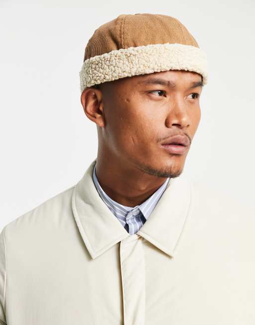 ASOS DESIGN - Berretto docker marrone a coste con dettagli in pile borg