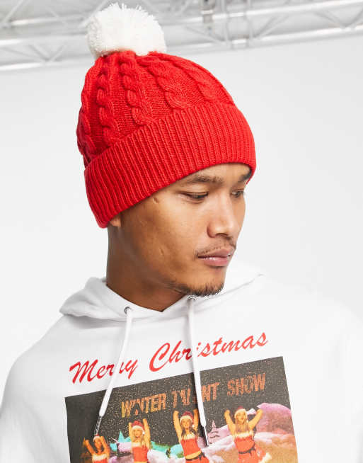 ASOS DESIGN - Berretto in maglia rossa a trecce con pompon