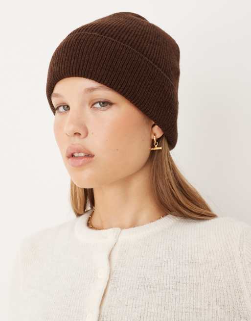ASOS DESIGN - Berretto lavorato in maglina di lana color cioccolato