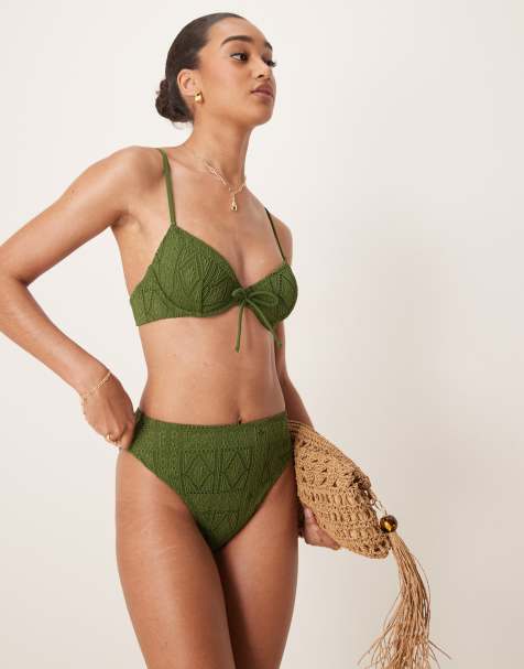 ASOS DESIGN - Bertie - Bas de bikini échancré à taille haute en broderie anglaise - Vert olive - view 1