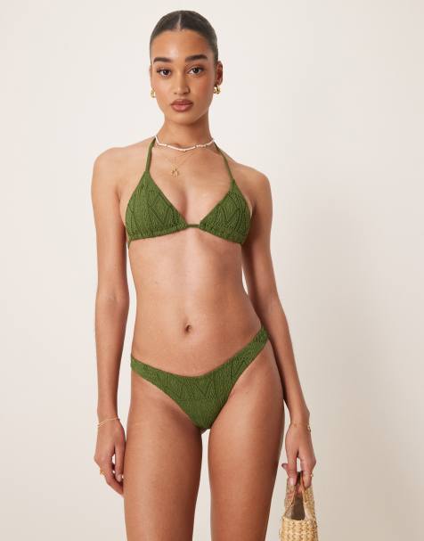 ASOS DESIGN Bertie broderie high leg hipster bikini bottom in olive green - view 1