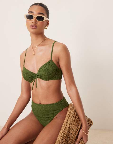 ASOS DESIGN Bertie broderie underwired bikini top in olive green - view 1