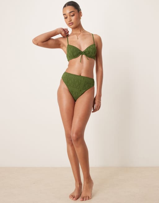 ASOS DESIGN Bertie eyelet high leg high waist bikini bottoms in olive green