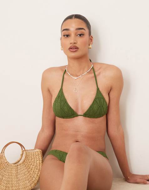 ASOS DESIGN – Bertie – Triangel-Bikinioberteil in Olivgrün mit Lochmuster - view 1
