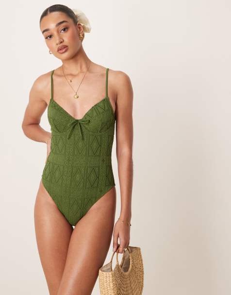 ASOS DESIGN Bertie underwired swimsuit in olive green - view 1