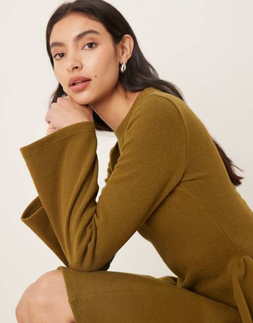 ASOS DESIGN – Besonders weiches, langärmliges Minikleid in Khaki mit Godet-Rock, 3 von 4