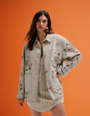 ASOS DESIGN - Bestickte Jacke aus Wildleder in Steinbeige-Keine Farbe