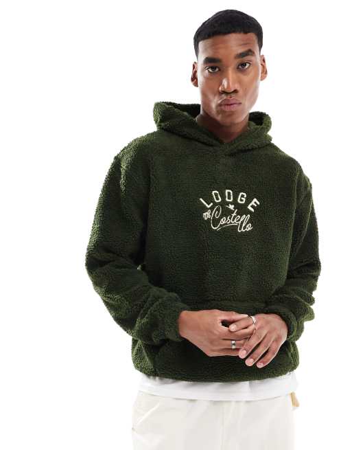 ASOS DESIGN – Bestickter Oversize-Kapuzenpullover aus Teddyfell in Grau