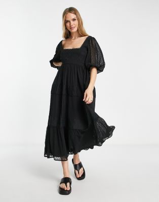 ASOS DESIGN - Besticktes Midi-Hängerkleid in Schwarz mit eckigem Ausschnitt und Rückenschnürung