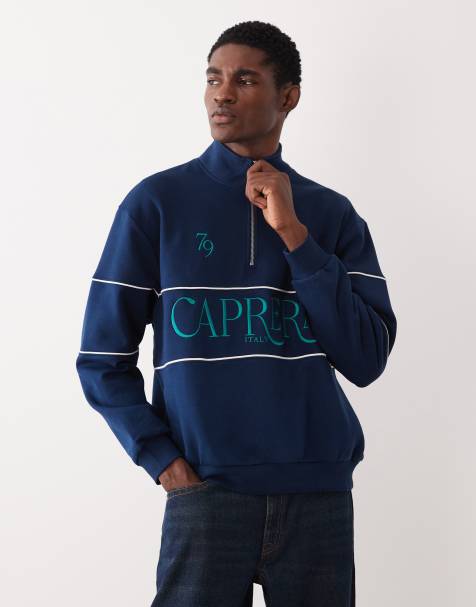 ASOS DESIGN – Besticktes Relaxed-Fit-Sweatshirt in Marineblau mit kurzem Reißverschluss, Print und Paspelierung - view 1